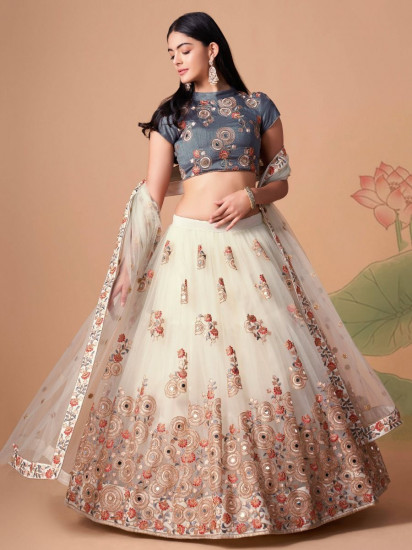Pretty Ivory Embroidered Net Party Wear Lehenga Choli
Semi Stitched