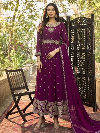 Pretty Magenta Dori Embroidered Georgette Festive Wear Salwar Suit