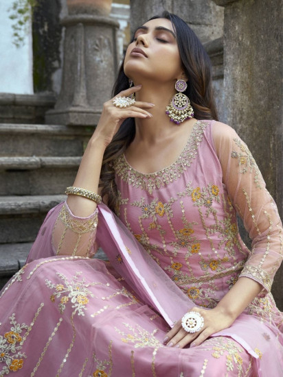 Pretty Pink Dori Embroidered Net Festive Wear Salwar Kameez
