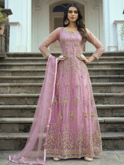 Pretty Pink Dori Embroidered Net Festive Wear Salwar Kameez