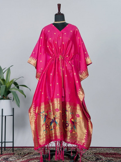 Pretty Rani Pink Zari Weaved Paithani jacquard Party Wear Kaftan
