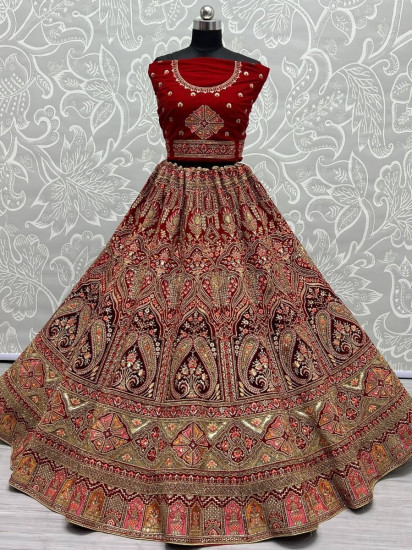Pretty Red Fancy Embroidered Velvet Bridal Lehenga Choli
Semi Stitched