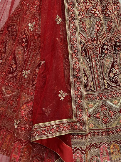 Pretty Red Fancy Embroidered Velvet Bridal Lehenga Choli
Semi Stitched