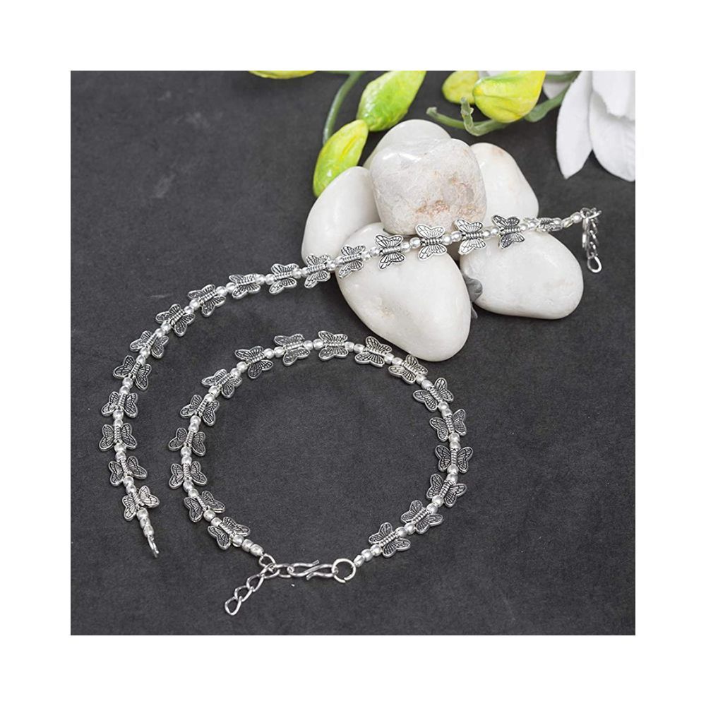 Prita Designer German Oxidized Silver Butterfly Design Latest Stylish Adjustable Traditional Payal Anklets Pair