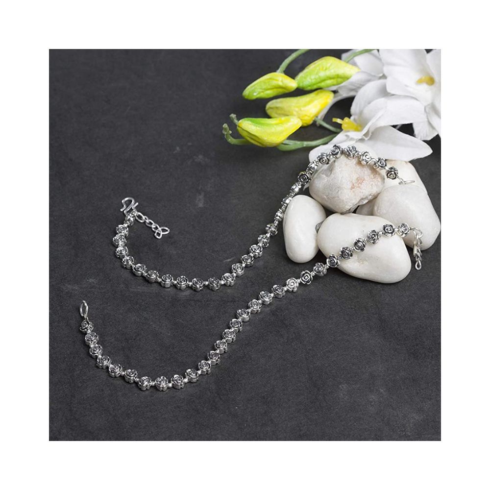 Prita Designer German Oxidized Silver Plated Flower Design Latest Stylish Trendy Adjustable Traditional Payal Anklets