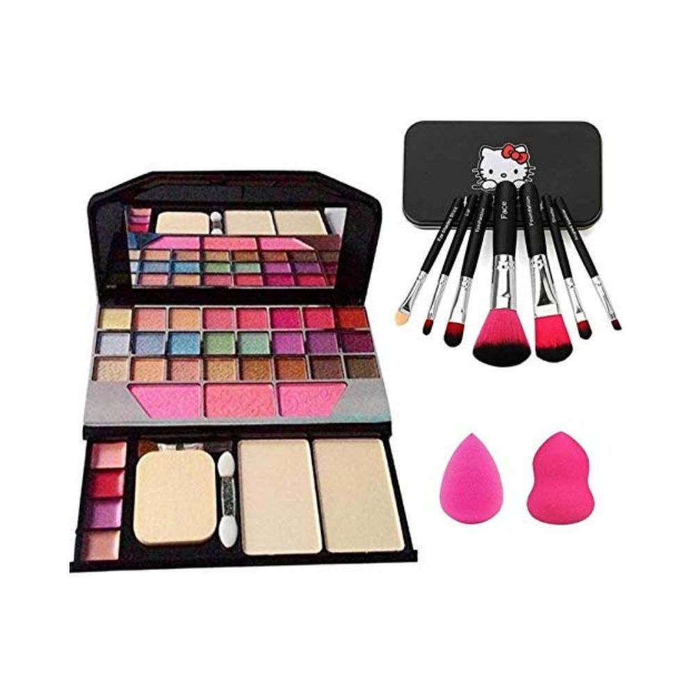 Pro Ultra 7pcs Makeup Brush Set With Tya 6155 Makeup Kit + 2 Pc Blender Puff Combo (Pack of 3)