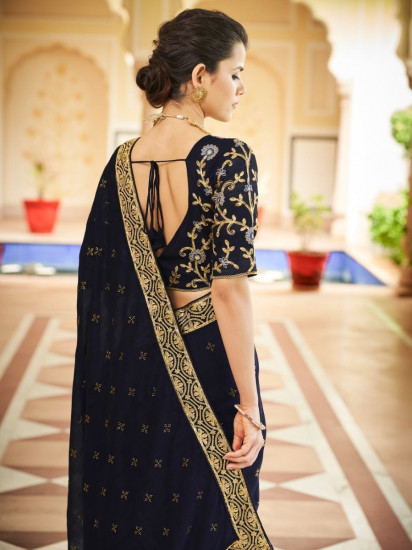 Prodigious Dark Blue Sequins Embroidered Vichitra Party Wear Saree(Un-Stitched)