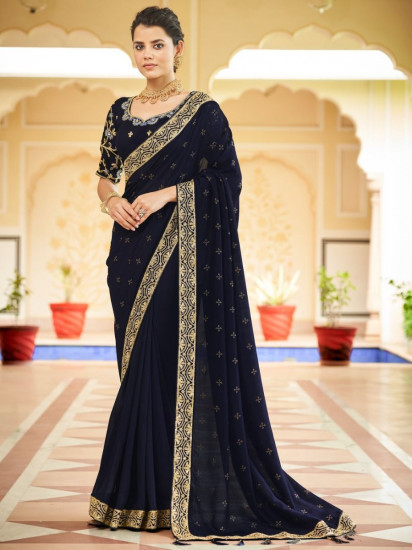 Prodigious Dark Blue Sequins Embroidered Vichitra Party Wear Saree(Un-Stitched)