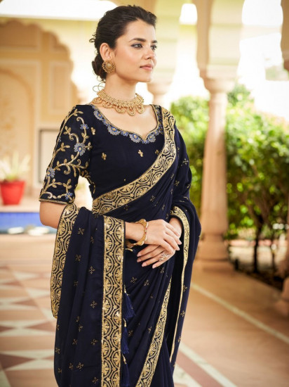 Prodigious Dark Blue Sequins Embroidered Vichitra Party Wear Saree(Un-Stitched)