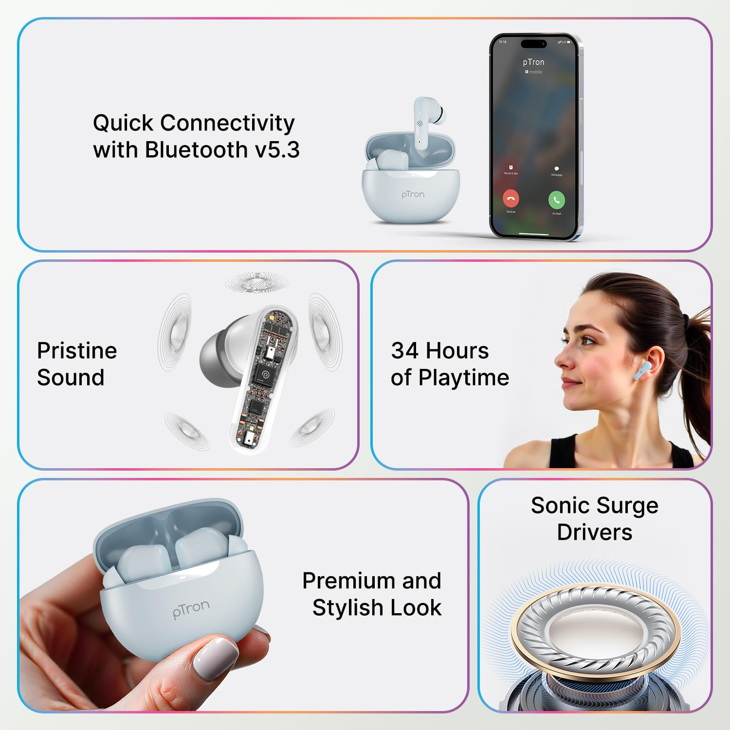 pTron Bassbuds Astra in-Ear TWS Earbuds with Stereo Sound 34Hrs Playtime Stereo Calls Bluetooth V53 Headphones with Quick Pairing Touch Control Voice Assistant Type C Charging  IPX4 Grey