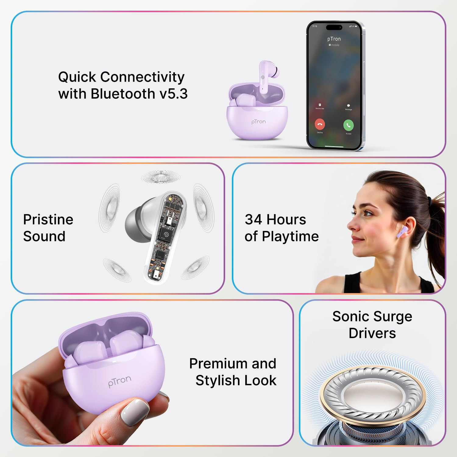 pTron Bassbuds Astra in-Ear TWS Earbuds with Stereo Sound 34Hrs Playtime Stereo Calls Bluetooth V53 Headphones with Quick Pairing Touch Control Voice Assistant Type C Charging  IPX4 Lilac