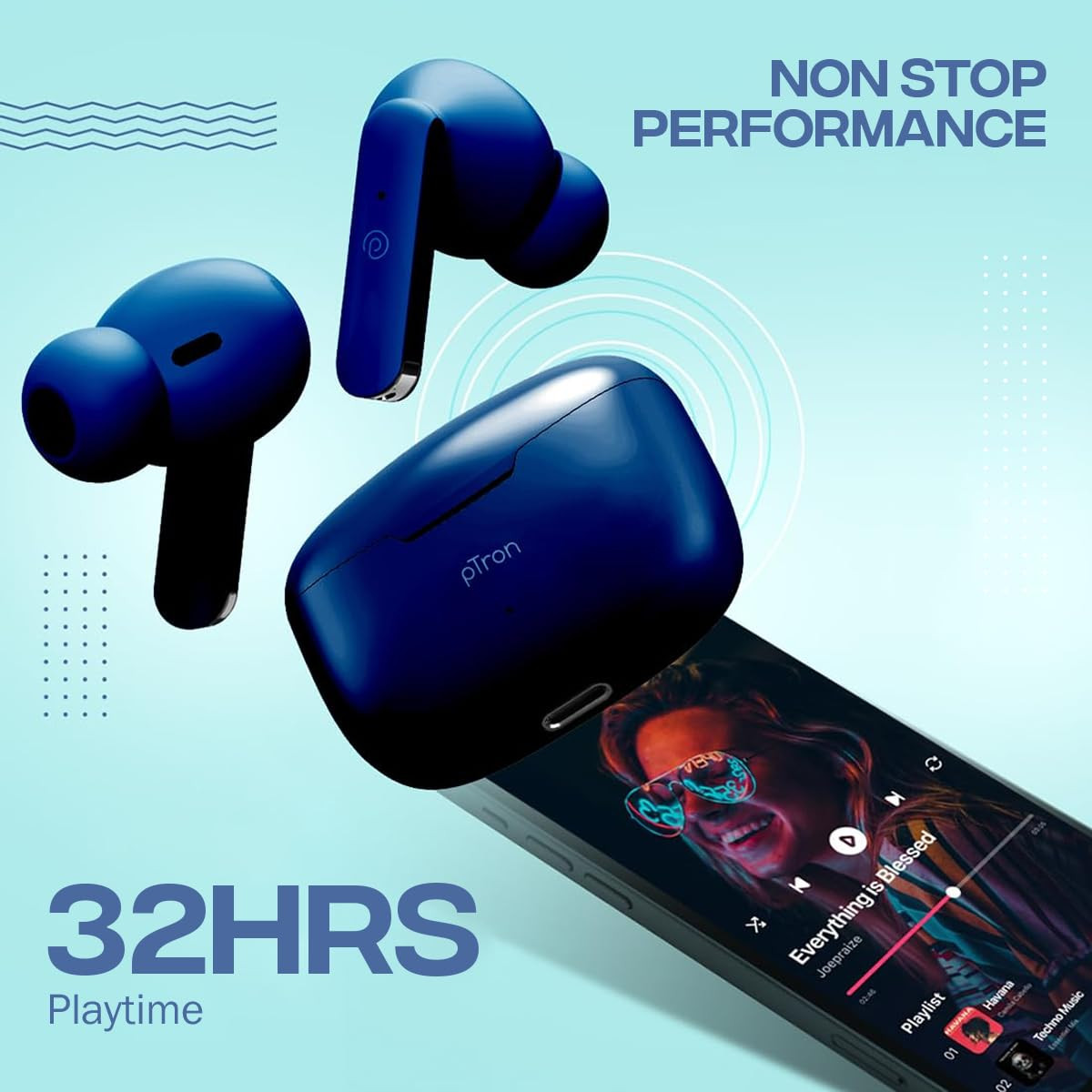 PTron Bassbuds Duo Bluetooth Truly Wireless in Ear Earbuds with Mic with 32Hrs Total Playtime 51 Stereo Audio Touch Control TWS Dual Mic Type-C Fast Charging IPX4  Voice Assistance Blue