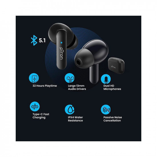 pTron Bassbuds Duo in Ear Earbuds with 32Hrs Total Playtime, Bluetooth 5.1 Wireless Headphones, Stereo Audio
