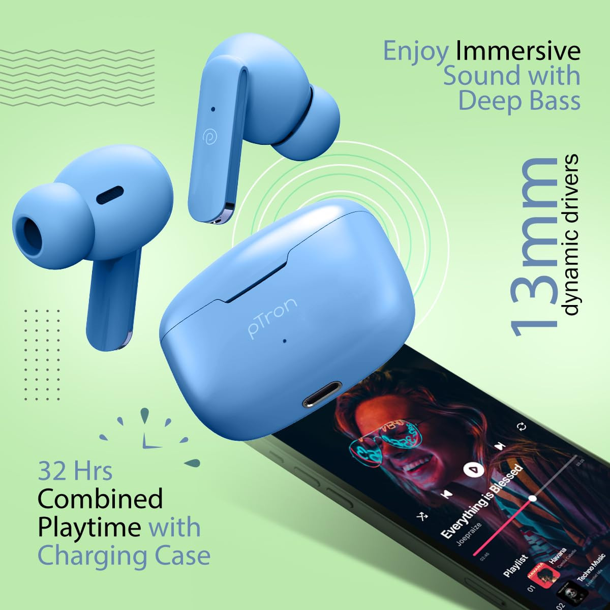 pTron Bassbuds Duo in-Ear Wireless Earbuds Immersive Sound 32H Playtime Clear Calls TWS Earbuds Bluetooth V51 Headphones Type-C Fast Charging Voice Assistant  IPX4 Water Resistant Matt Blue