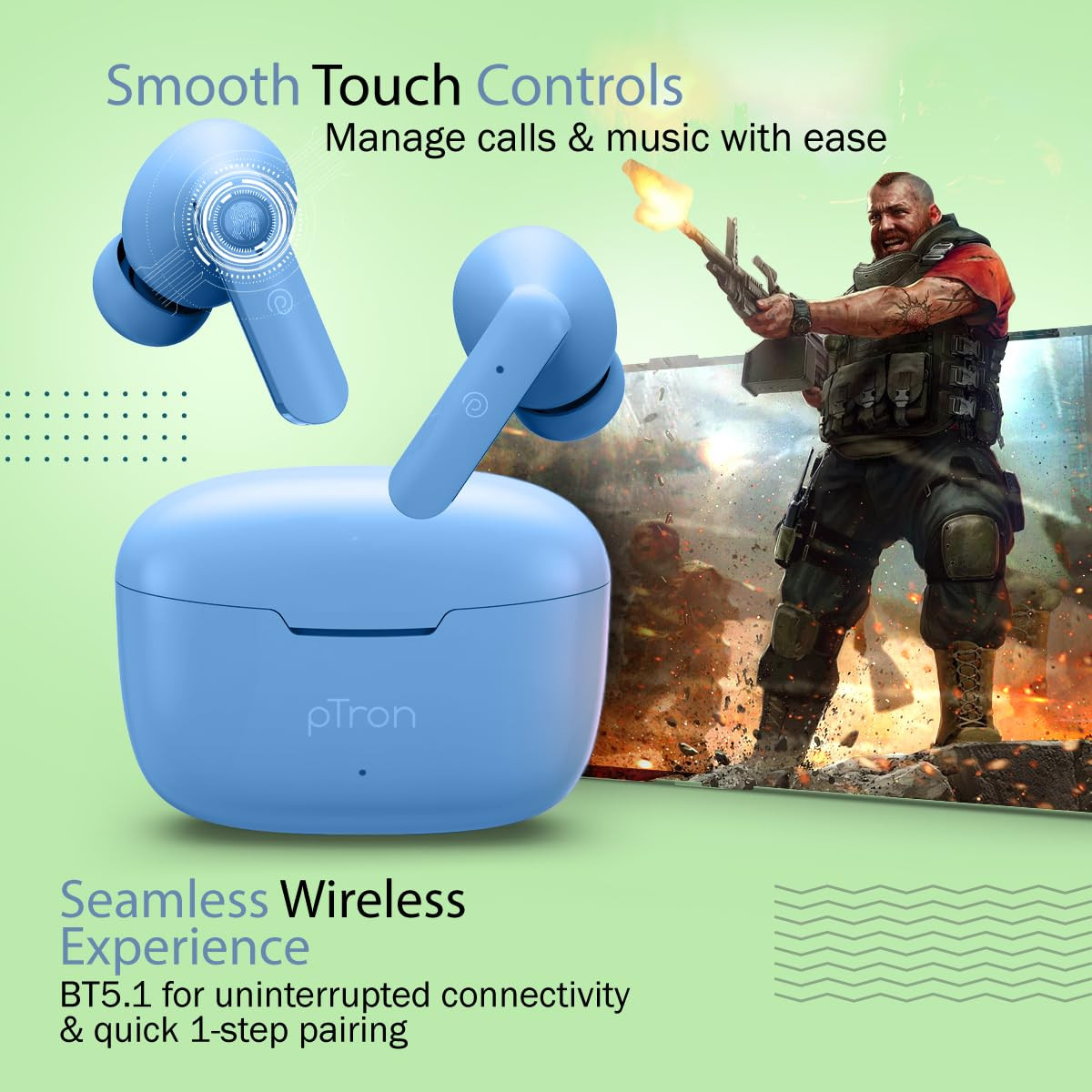 pTron Bassbuds Duo in-Ear Wireless Earbuds Immersive Sound 32H Playtime Clear Calls TWS Earbuds Bluetooth V51 Headphones Type-C Fast Charging Voice Assistant  IPX4 Water Resistant Matt Blue