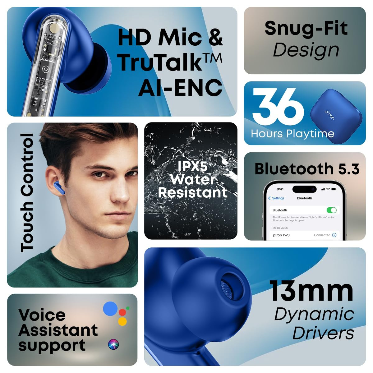 pTron Bassbuds Gomax in-Ear TWS Earbuds HD Mic  TruTalk AI-ENC Calls 36H Playtime 13mm Drivers Bluetooth 53 Wireless Headphones Voice Assist Type-C Fast Charging  IPX5 Water Resistant Blue
