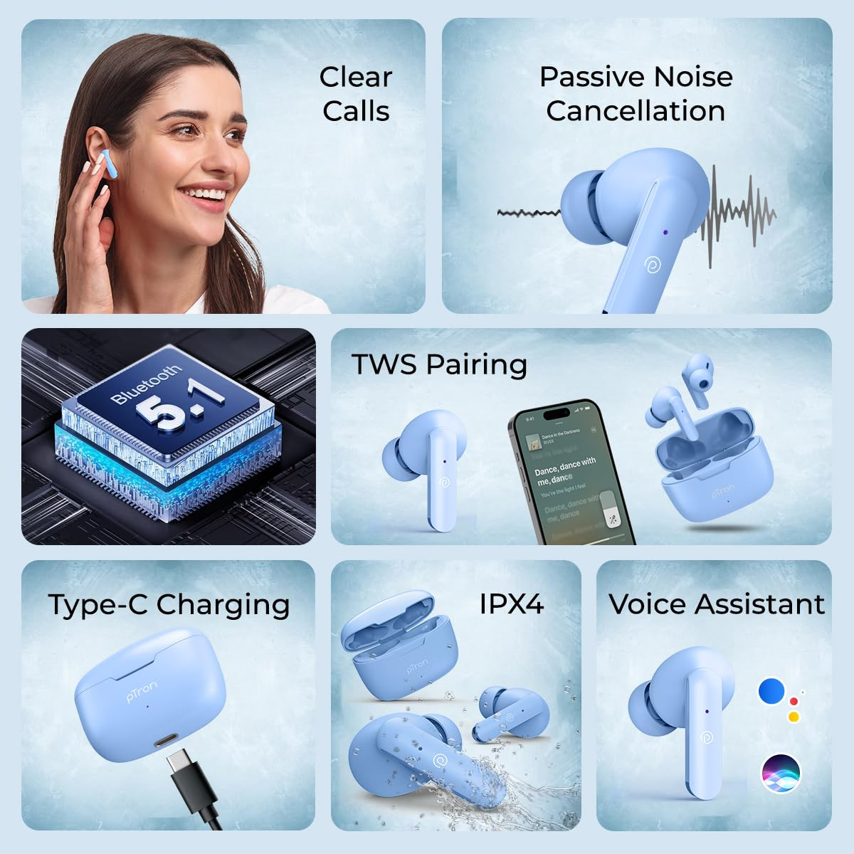 pTron Basspods P81 in-Ear Wireless Earbuds Pristine Sound 32Hrs Playtime Clear Calls TWS Earbuds Bluetooth V51 Headphone Type-C Fast Charging Voice Assist  IPX4 Water Resistant Blue Matt