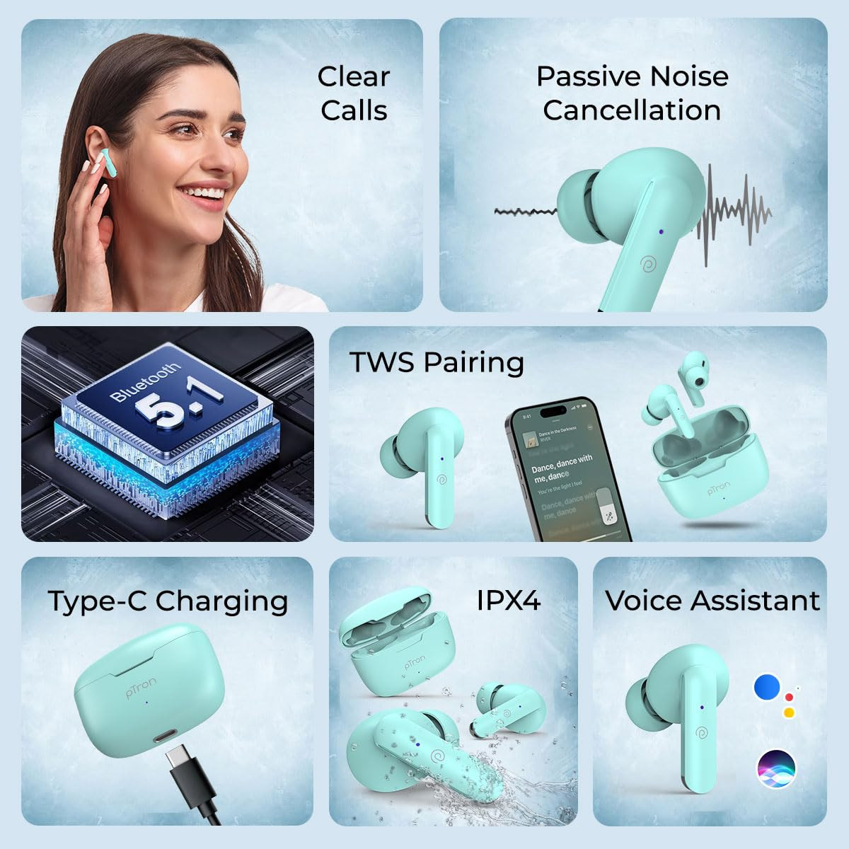 pTron Basspods P81 in-Ear Wireless Earbuds Pristine Sound 32Hrs Playtime Clear Calls TWS Earbuds Bluetooth V51 Headphone Type-C Fast Charging Voice Assist  IPX4 Water Resistant Mint Green
