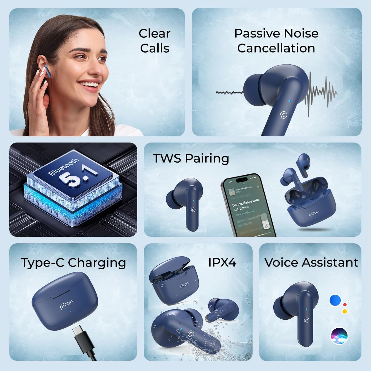 pTron Basspods P81 in-Ear Wireless Earbuds Pristine Sound 32Hrs Playtime Clear Calls TWS Earbuds Bluetooth V51 Headphone Type-C Fast Charging Voice Assist  IPX4 Water Resistant Blue