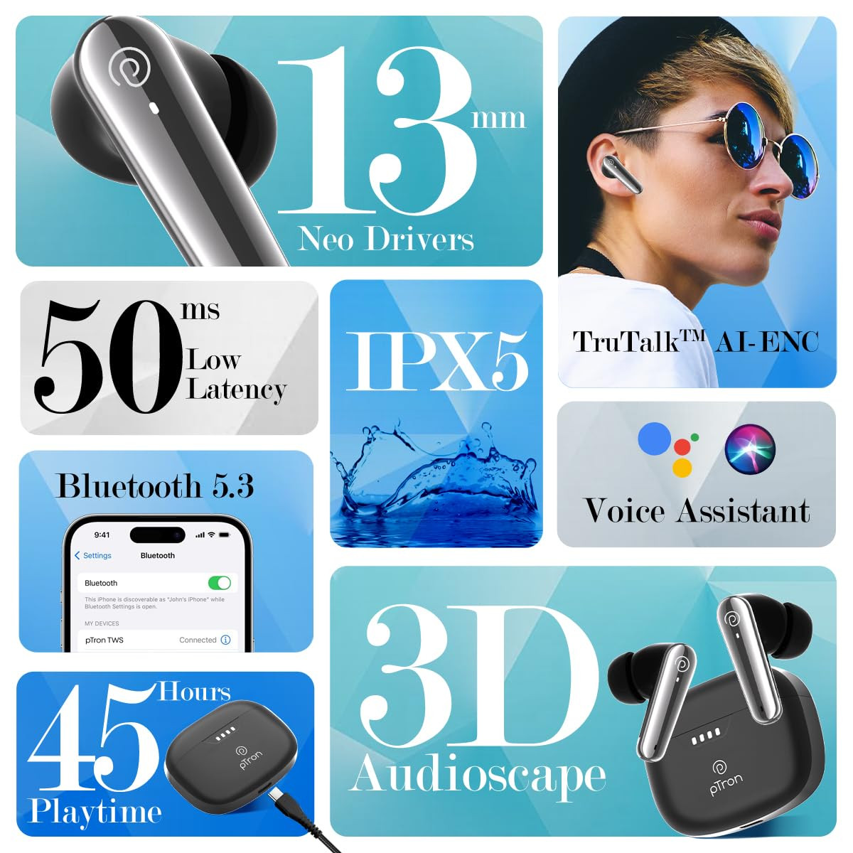 pTron Basspods Tour TWS Earbuds with 3D AudioScape 45Hrs Playtime TruTalk AI-ENC Calls 50ms Low Latency Sync BT v53 Type-C Fast Charging Voice Asst  IPX5 Water Resistant Black