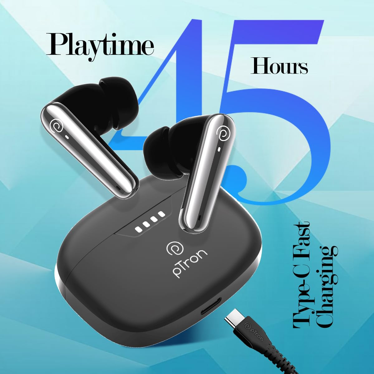 pTron Basspods Tour TWS Earbuds with 3D AudioScape 45Hrs Playtime TruTalk AI-ENC Calls 50ms Low Latency Sync BT v53 Type-C Fast Charging Voice Asst  IPX5 Water Resistant Black