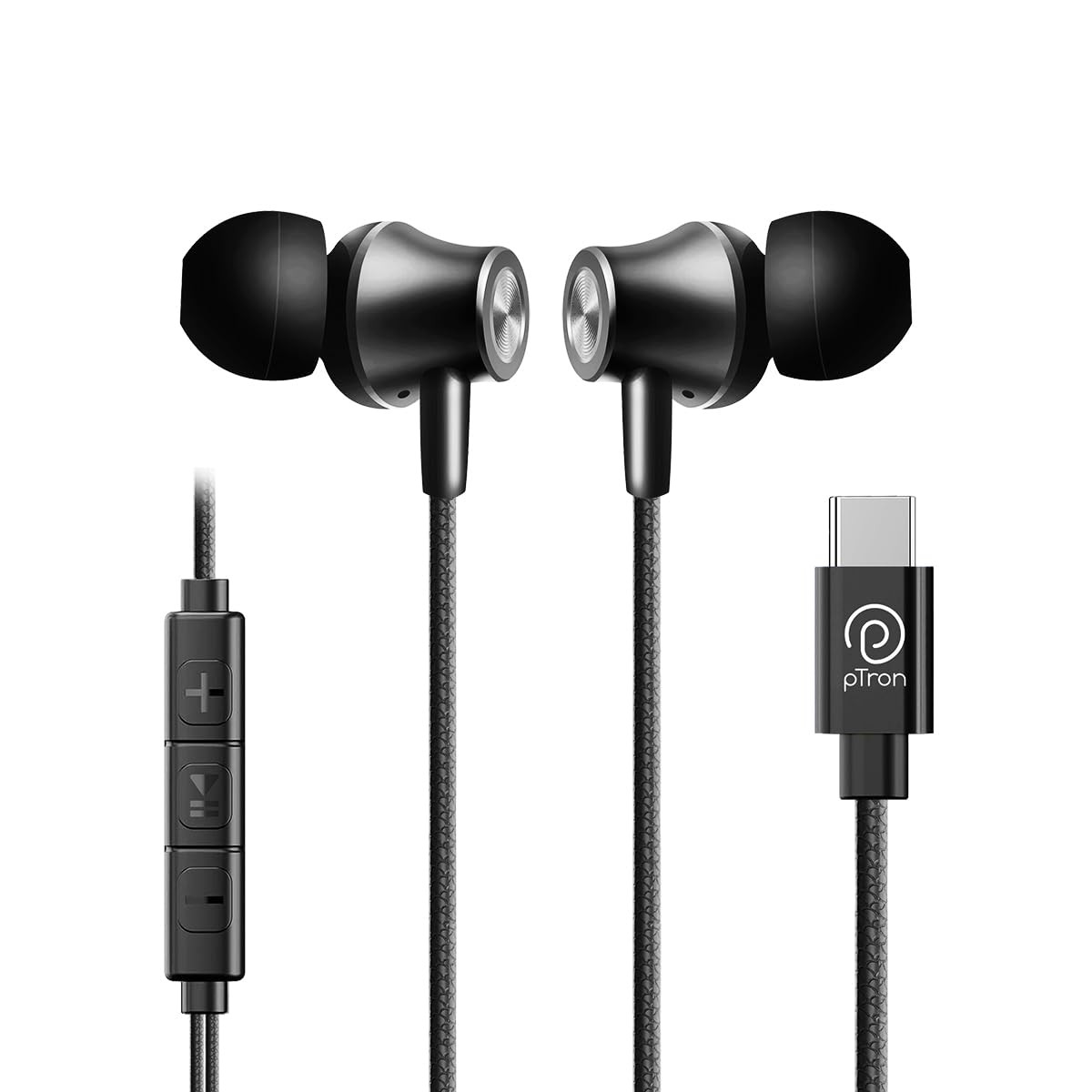 pTron Boom Play in Ear Type C Wired Headphones with Mic 10Mm Drivers for Immersive Audio 12M Fish Scale Style Tangle-Free Cable in-Line Controls Metal Buds Snug-Fit  Wide Compatibility Black