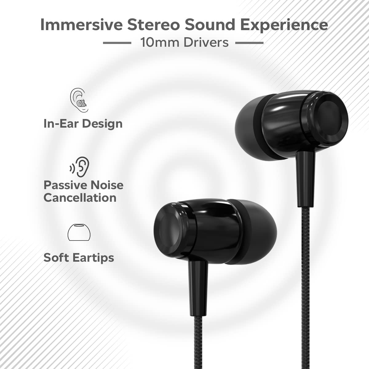 pTron Pride Indie in-Ear Wired Earphones with Mic Stereo Sound 10mm Drivers Snug-fit Design Passive Noise Cancellation in-line Controls Universal 35mm Aux  12m Tange-Free Cable Black