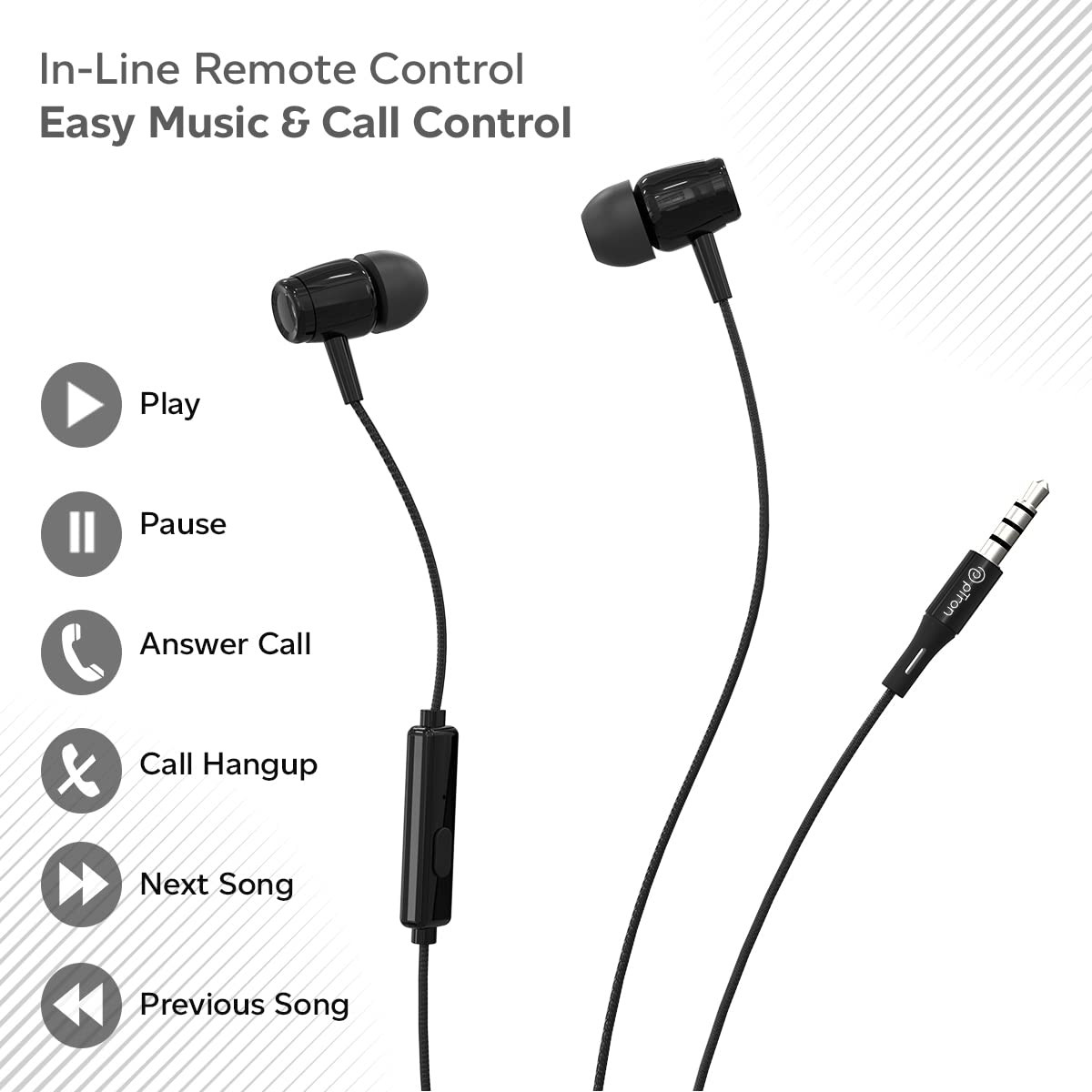 pTron Pride Indie in-Ear Wired Earphones with Mic Stereo Sound 10mm Drivers Snug-fit Design Passive Noise Cancellation in-line Controls Universal 35mm Aux  12m Tange-Free Cable Black