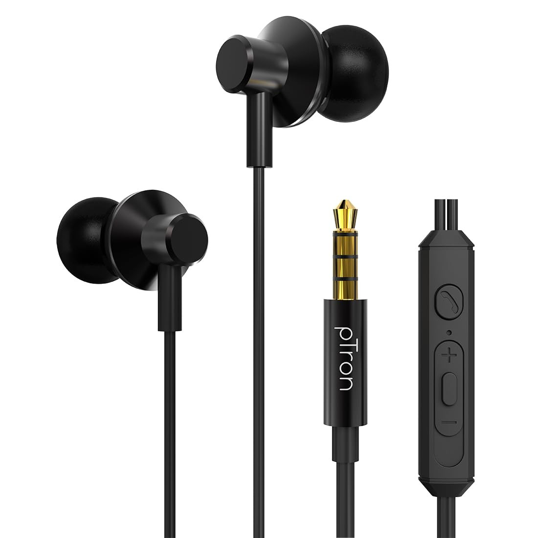 pTron Pride Lite in-Ear Wired in Ear Earphones with in-line Mic 10mm Driver Immersive Sound Metal Buds Compatible with 35mm Aux Port Device  12m Tangle-Free Cable Metallic Black