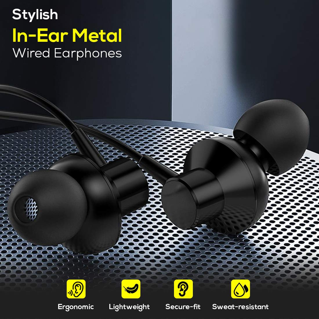 pTron Pride Lite in-Ear Wired in Ear Earphones with in-line Mic 10mm Driver Immersive Sound Metal Buds Compatible with 35mm Aux Port Device  12m Tangle-Free Cable Metallic Black