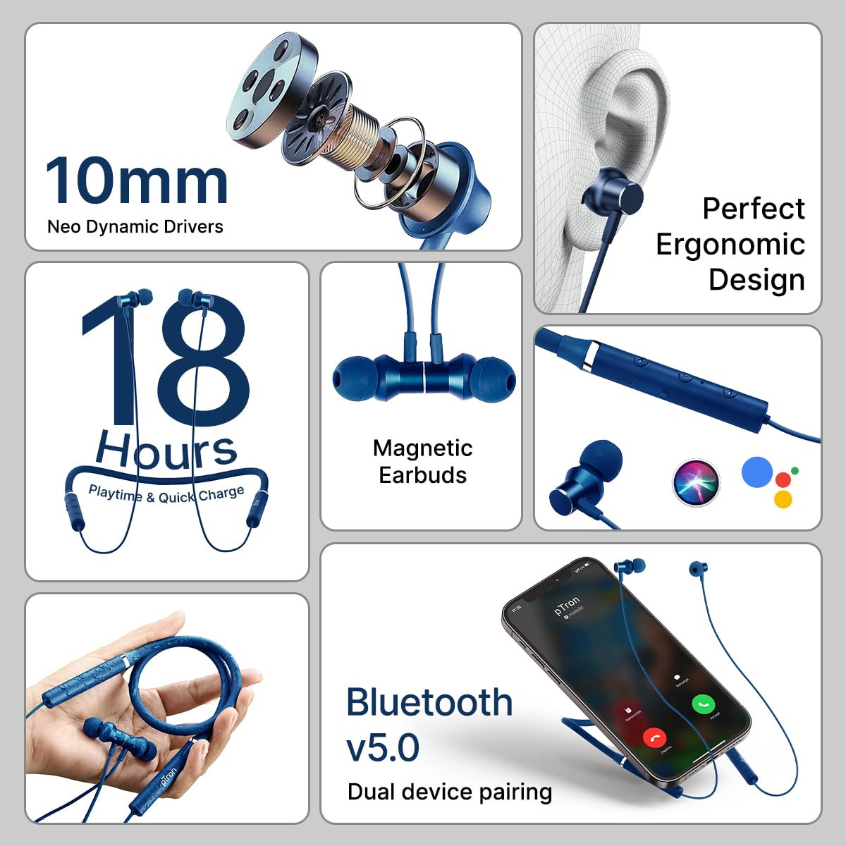 pTron Tangentbeat in Ear Bluetooth Wireless Headphones with Mic Punchy Bass 10mm Drivers Clear Calls Dual Pairing Fast Charging Magnetic Buds Voice Assist  IPX4 Wireless Neckband Dark Blue