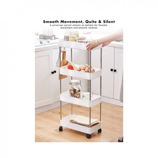 PULSBERY Slim Rack Shelf with Wheels -Plastic Trays with Stainless Steel Support-Kitchen Storage Trolley-Multipurpose Space Saver Organizer-Onion Potato Rack & Vegetables Stand (4 Layer)