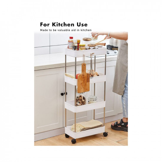 PULSBERY Slim Rack Shelf with Wheels -Plastic Trays with Stainless Steel Support-Kitchen Storage Trolley-Multipurpose Space Saver Organizer-Onion Potato Rack & Vegetables Stand (4 Layer)