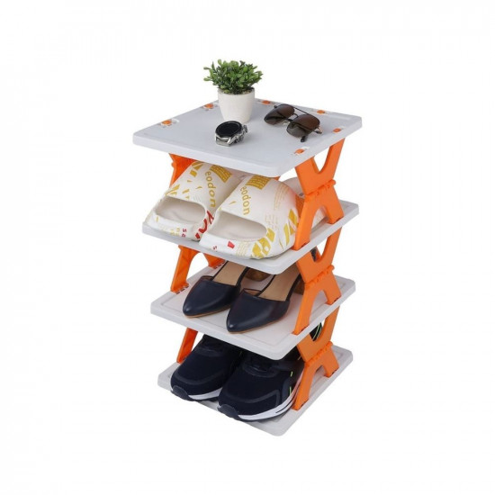 QONETIC Layer Shoes Stand, Plastic Adjustable Shoe Rack, Folding Shoe Rack, Easy Assembly and Stable in Structure, Corner Storage Cabinet for Saving Space - Multicolor Shoe box 4 lyr