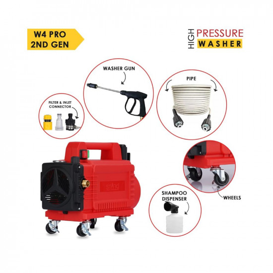 QPT STARQ® W4 Pro 2nd Generation 2800W | Pressure Adjustable | Pressure Range 0-300 Bar | Heavy Duty High Pressure Washer | with Wheels | Red | (Standard)