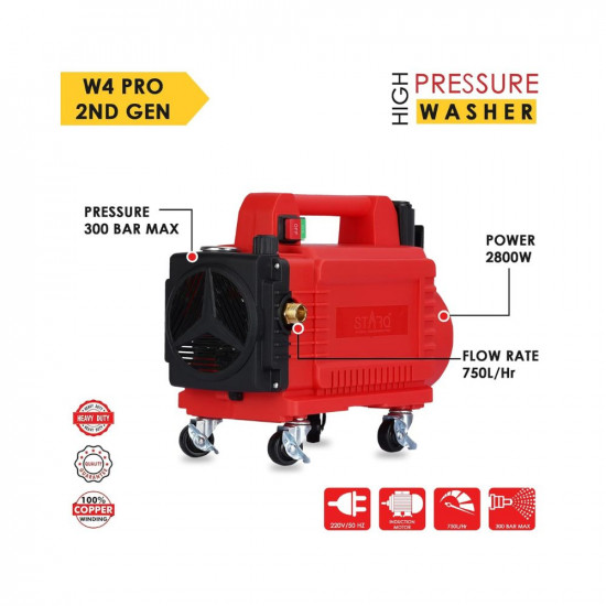 QPT STARQ® W4 Pro 2nd Generation 2800W | Pressure Adjustable | Pressure Range 0-300 Bar | Heavy Duty High Pressure Washer | with Wheels | Red | (Standard)
