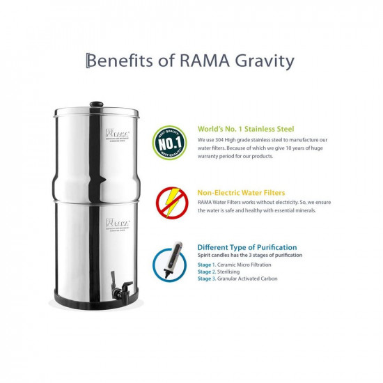 RAMA Gravity Water Filter and Purifier 16 Litres 32L Total Capacity Made with 304 Stainless Steel 10-Year Manufacturer Warranty Includes 2 Spirit Candles with Activated Carbons and Plastic Tap