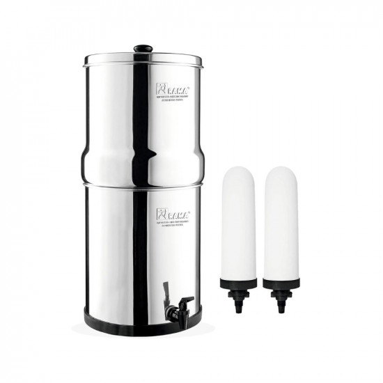RAMA Gravity Water Filter and Purifier 16 Litres 32L Total Capacity Made with 304 Stainless Steel 10-Year Manufacturer Warranty Includes 2 Spirit Candles with Activated Carbons and Plastic Tap