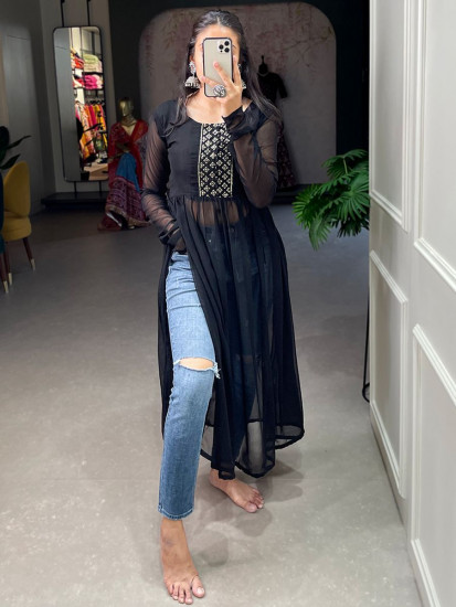 Ravishing Black Embroidered Georgette Party Wear Nayra Cut Kurti