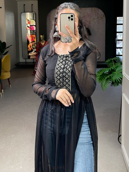 Ravishing Black Embroidered Georgette Party Wear Nayra Cut Kurti