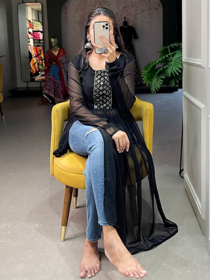 Ravishing Black Embroidered Georgette Party Wear Nayra Cut Kurti