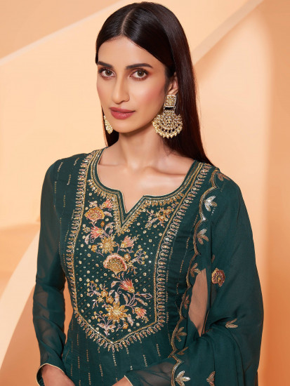 Ravishing Dark Green Sequins Work Georgette Sharara Suit