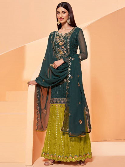Ravishing Dark Green Sequins Work Georgette Sharara Suit