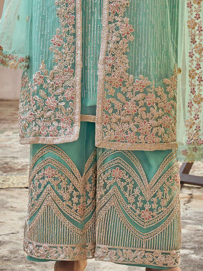 Ravishing Sea Green Embroidered Butterfly Net Jacket Style Palazzo Suit