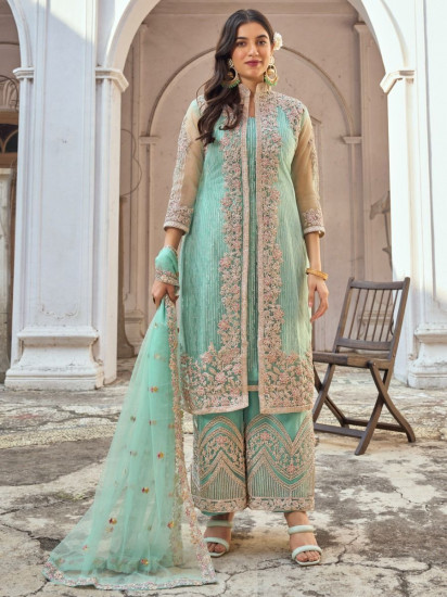 Ravishing Sea Green Embroidered Butterfly Net Jacket Style Palazzo Suit