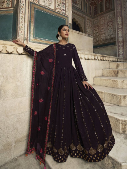 Ravishing Wine Color Sequined Georgette Wedding Wear Gown