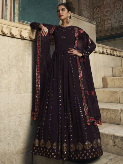 Ravishing Wine Color Sequined Georgette Wedding Wear Gown