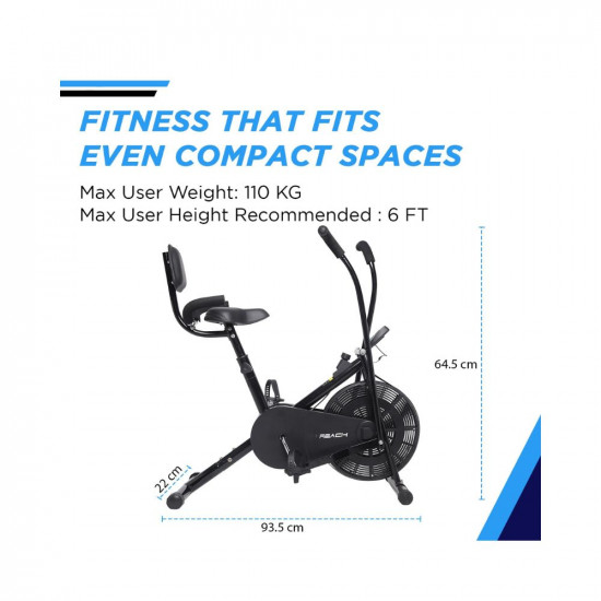 Reach AB-110 BH Air Bike Exercise Cycle with Moving or Stationary Handle | with Back Support Seat & Side Handle for Support