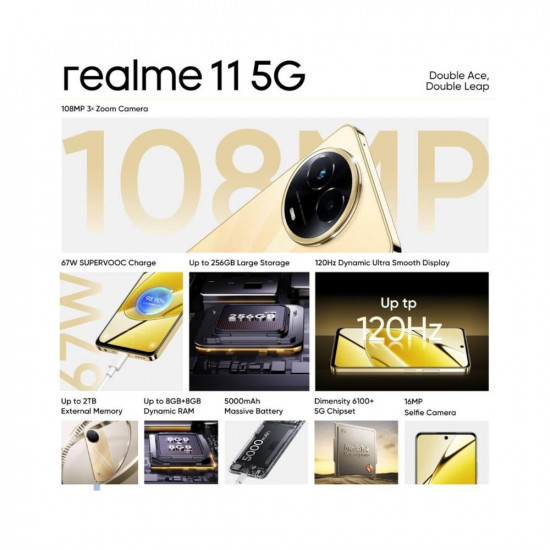 realme 11 5G (Glory Gold, 8GB RAM, 256GB Storage) | Dynamic Ultra Smooth Display | Up to 8GB+8GB Dynamic RAM | 108MP 3× Zoom | 16MP Selfie Camera | Dimensity 6100+ 5G Processor | 67W SUPERVOOC Charge