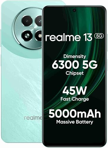 realme 13 5G Speed Green 8GB RAM 256GB Storage  Expandable Upto 2TB  Up to 18GB Dynamic RAM  50MP AI Dual Camera  672 AMOLED Display  45W Ultra Charging  Dimensity 6300 Processor